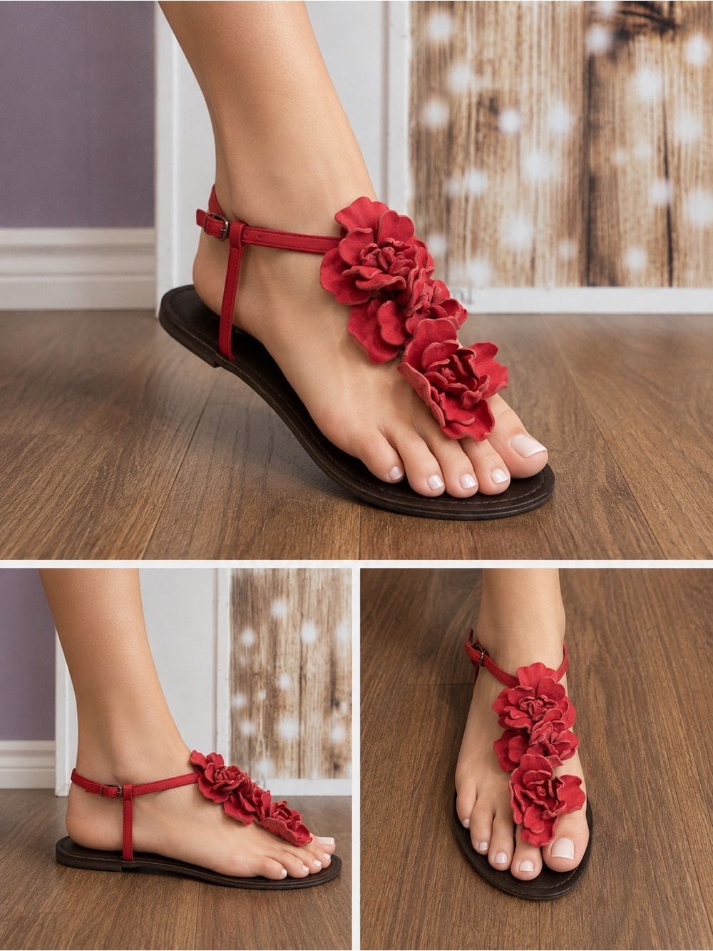 Red Floral Leather T-Strap Sandals for Women